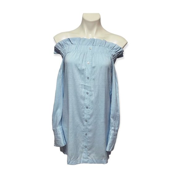 MinkPink XS Blue On Off Shoulder Long Rolltab Sleeve Mini Dress - Picture 3 of 5